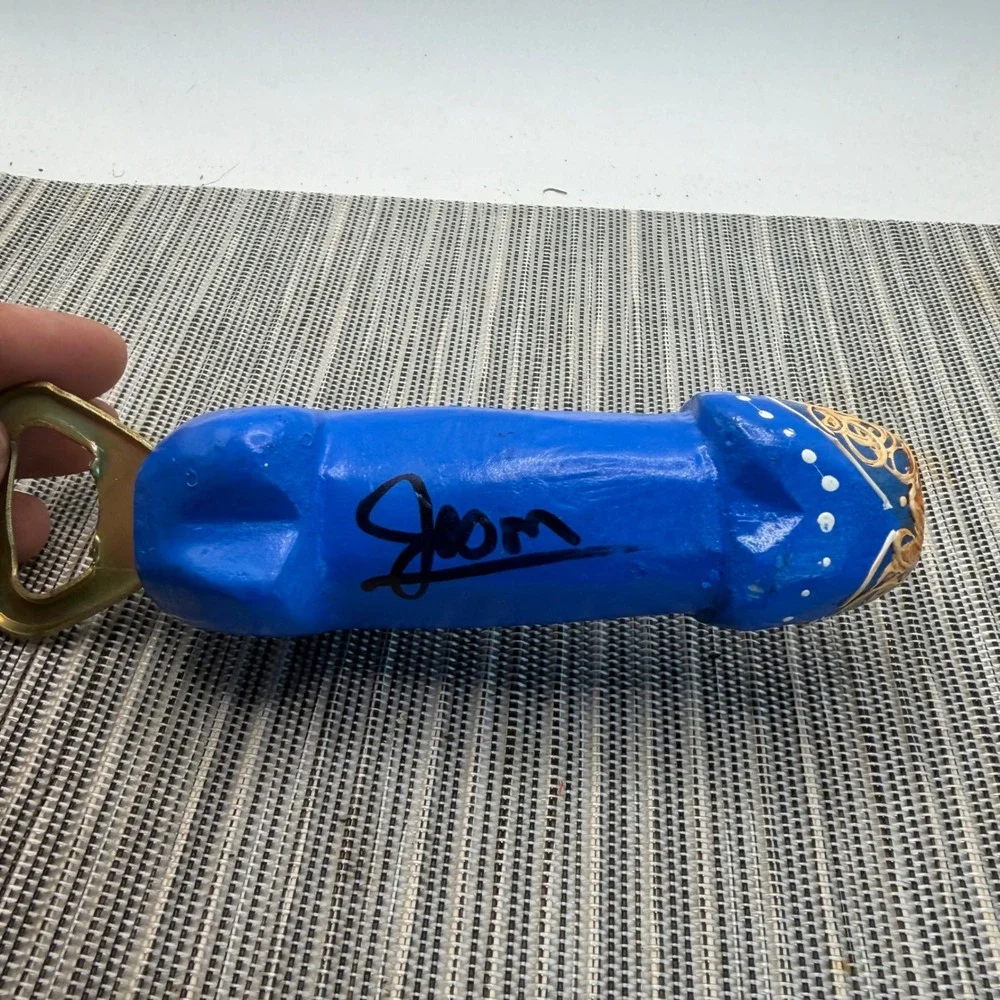 Hand Painted Signed Wood Phallic Bottle Opener Blue Fish Folk Art Novelty 7.5in